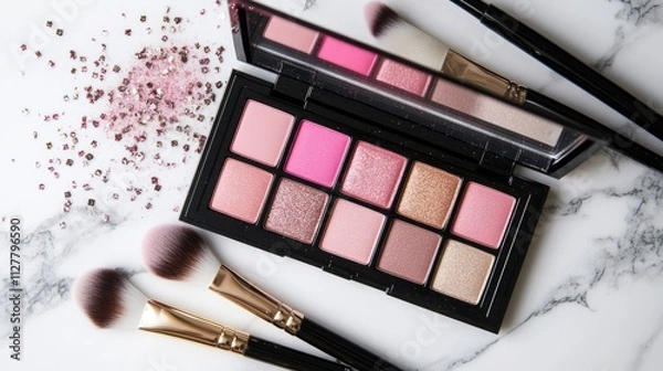 Fototapeta A top view of an open pink eyeshadow palette, with makeup brushes and a sparkling touch of glitter on a marble countertop, perfect for a fashion or beauty feature.