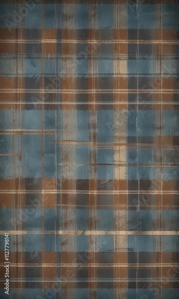 Fototapeta Grunge vintage blue and brown plaid pattern with hand-drawn elements, grunge, vintage, retro, old