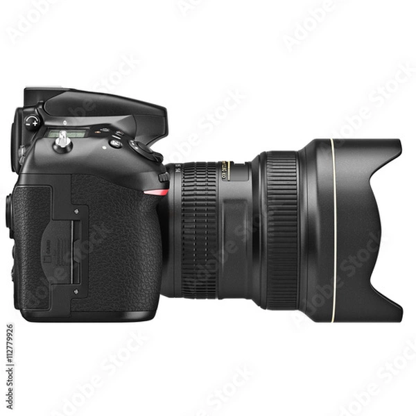 Fototapeta DSLR photo camera, lens zoom, side view. 3D graphic