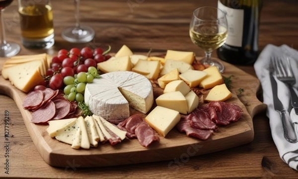Fototapeta High angle view of gourmet cheese and meat platter served with white wine on wooden board, upscale event, luxury lifestyle
