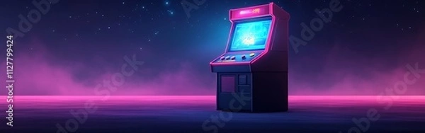 Fototapeta Retro arcade machine with neon lights in dark setting