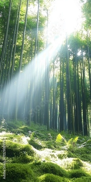 Fototapeta Sunlight streaming through bamboo forest nature photography tranquil environment serene viewpoint relaxation concept