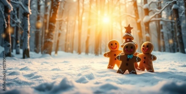 Fototapeta Winter scene capturing the Christmas spirit in the middle of a snowy forest. Gingerbread cookie figures, enjoying the snowy surroundings.