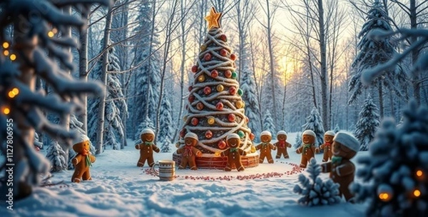 Fototapeta Winter scene capturing the Christmas spirit in the middle of a snowy forest. Gingerbread cookie figures, enjoying the snowy surroundings.