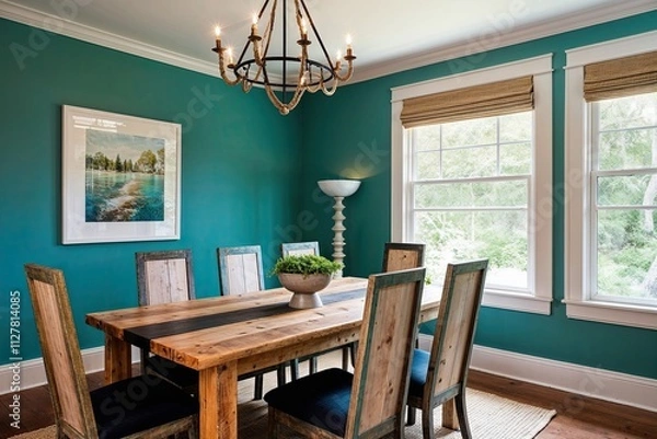 Fototapeta Cozy Dining Room with Reclaimed Wood Table and High-Backed Chairs against Serene Aqua Wall