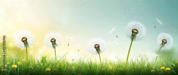 Fototapeta Dandelions in Bloom with Seeds Blowing in Bright Sunny Grassy Field