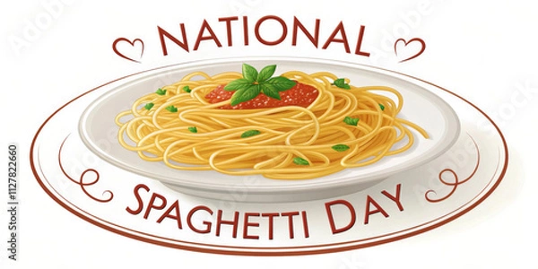 Fototapeta Celebrating National Spaghetti Day with a classic plate of spaghetti and marinara sauce topped with fresh basil.