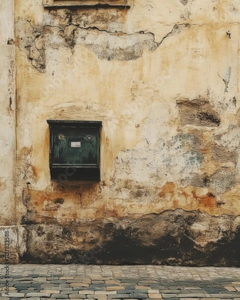 Obraz Old Weathered Wall with Utility Box and Cobblestone Street
