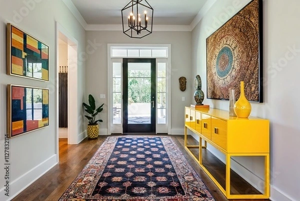 Fototapeta Striking Modern Entryway with Patterned Rug and Bright Yellow Console Table