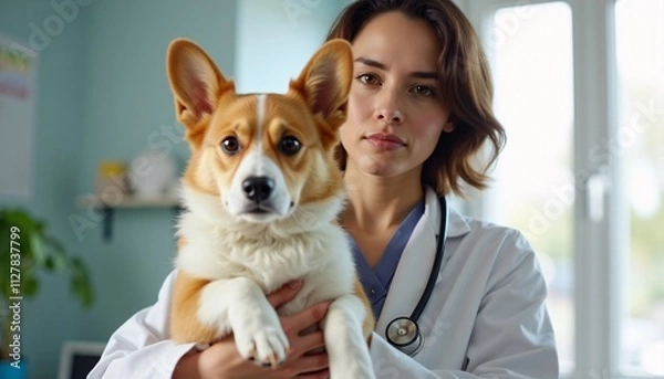 Obraz Veterinarian Holding Corgi in Veterinary Clinic - Professional Pet Care
