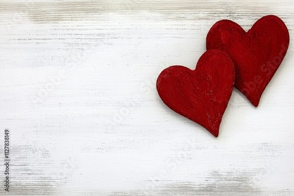 Fototapeta Two red heart shapes on a textured white background for love and romance concepts.