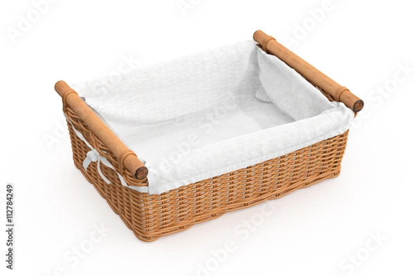 Obraz Empty square shape wicker baskets on white background. 3D graphic