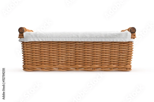 Obraz Empty wicker baskets with fabric on white background. 3D graphic