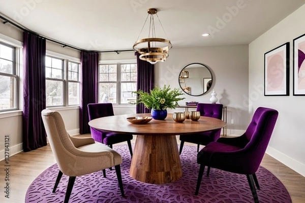 Fototapeta Stylish Dining Room Featuring Round Wooden Table and Elegant Violet and Beige Seating