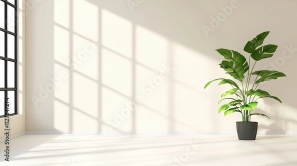 Fototapeta Modern Minimalist Beige Room Open plan minimalist room with beige walls, black accents, and large windows, emphasizing clean lines and natural light.