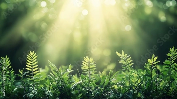 Fototapeta Dynamic illustration of energy radiating from sunlight through plants and into atmospheric moisture