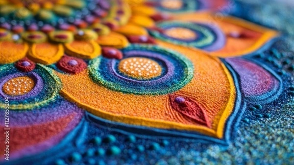 Fototapeta Close-Up of Colorful Mandala Sand Art Creating Vibrant Patterns