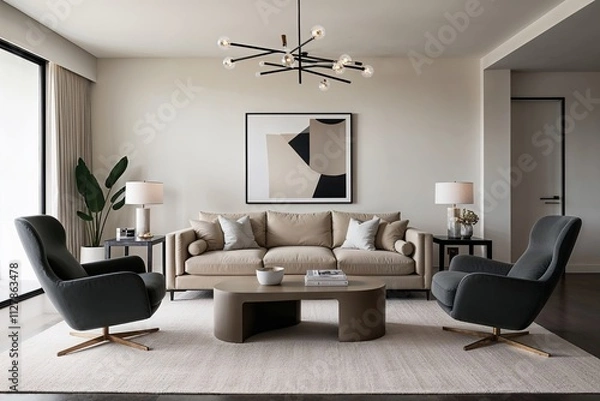 Fototapeta Spacious Minimalist Living Room Design with Soft Beige Sofa and Modern Accent Chairs