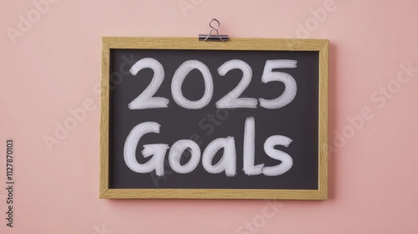 Fototapeta 2025 goals written in bold white minimalist font on blackboard, framed in wood, against soft pink background, conveying motivation and clarity