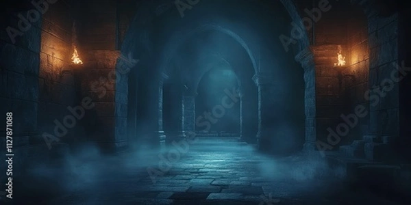 Obraz Dark medieval castle corridor dungeon catacombs with torches spooky atmosphere