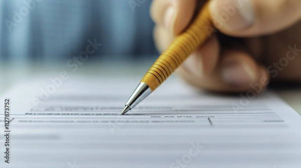 Fototapeta Filling out tax submission forms with pen, capturing focus and detail of process. hand is poised, ready to complete important paperwork