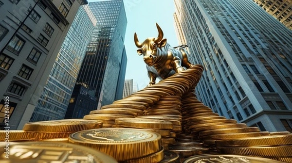 Obraz Photorealistic, ultra detailed image of gold coins forming a bridge across Wall Street