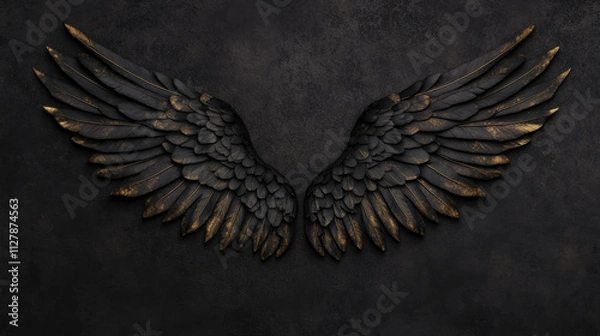 Fototapeta Ethereal black angel wings with golden accents against dark background, creating striking and mystical appearance. Perfect for artistic and conceptual themes