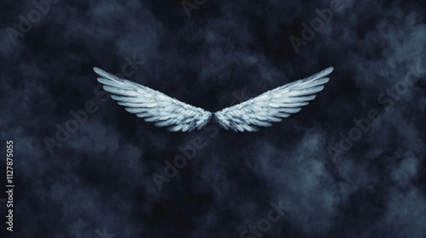Fototapeta Ethereal angel wings glowing softly against dark, smoky background, creating mystical and serene atmosphere. Perfect for themes of spirituality and transcendence