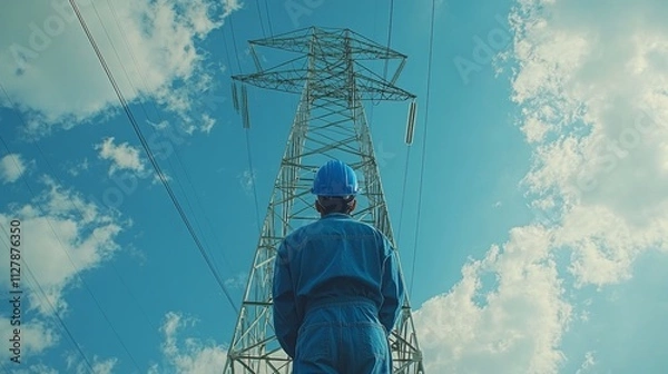 Obraz Back View of Worker Examining Power Tower under Blue Sky