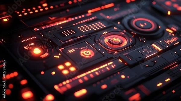 Fototapeta Futuristic Sci-Fi Interface with Glowing Red and Black Cyberpunk Aesthetic, High-Tech Digital Control Panel Design with Holographic Elements and Advanced User Interface Layout