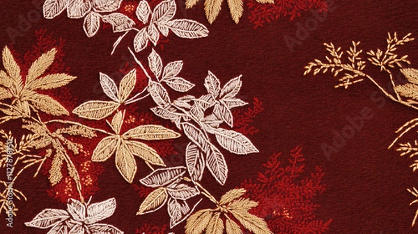 Fototapeta Red canvas material, pattern with leaves and plants, traditional Japanese kimono style, elegant, embroidery, curtain, bed