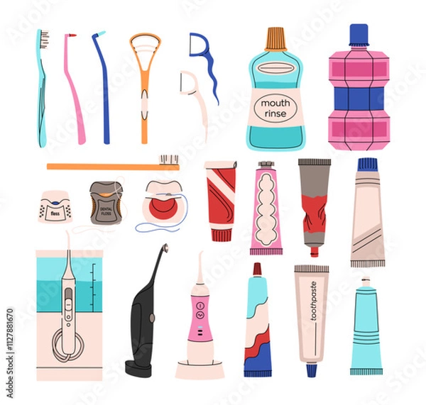 Obraz Set of oral hygiene products in a flat style. Different toothbrushes, tubes of toothpaste, dental floss, mouth rinse, irrigator. Teeth cleaning accessories. Colorful vector set
