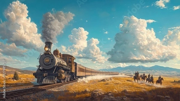 Fototapeta A steam train journeys across a vast, sun-drenched prairie, cowboys on horseback trailing behind under a dramatic sky.