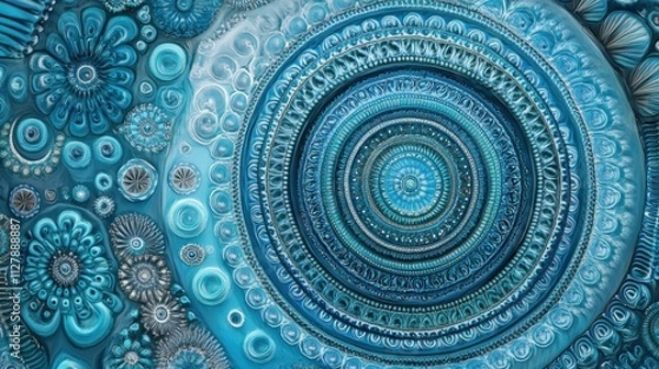 Fototapeta A complex mandala pattern with concentric circles and intricate details in shades of blue and turquoise.