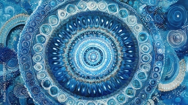 Fototapeta A complex mandala pattern with concentric circles and intricate details in shades of blue and turquoise.