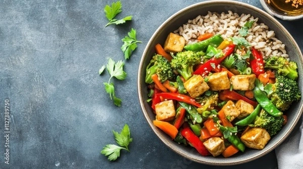 Fototapeta Tasty Vegetarian Stir-Fry with Tofu and Fresh Vegetables