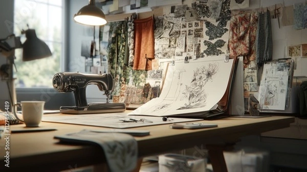 Obraz An ultra-detailed, photorealistic fashion designer's workspace captured in high resolution
