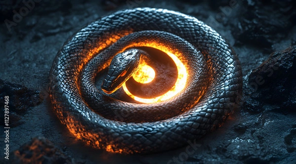 Fototapeta A coiled snake encircles a glowing orb, blending dark textures with vibrant light, creating a mystical and intriguing atmosphere.