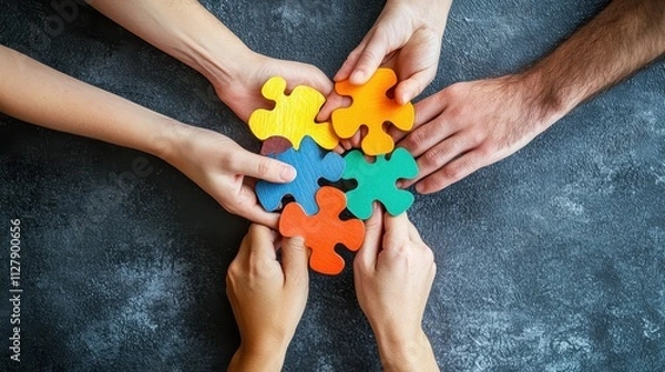 Fototapeta Diverse Hands Collaborating to Assemble Colorful Puzzle Pieces for Mental Health Support and Crisis Response
