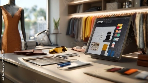 Fototapeta An ultra-detailed, photorealistic high-resolution 8k image of a fashion designer's workspace