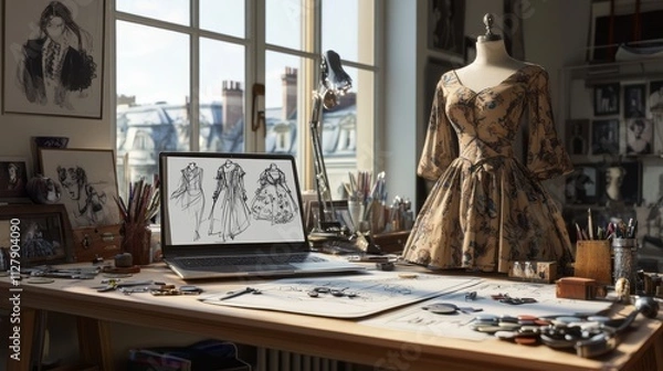 Fototapeta An ultra-detailed, photorealistic high-resolution 8k image of a fashion designer's workspace