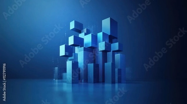 Obraz Abstract blue cubes forming a complex structure, reflecting on a dark surface.