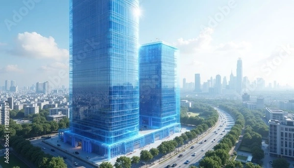 Fototapeta Futuristic skyscrapers design blueprints overlayed on noisy city landscape. Modern architecture with glass facades showcased. Engineering site with transparent structure. AI generated tech solutions.