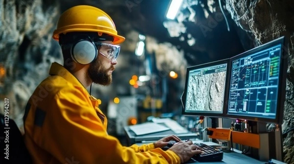 Fototapeta Mining engineer analyzing geological data on monitors underground, focused on enhancing operational efficiency and safety in mining exploration.