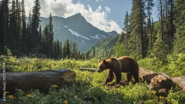 Fototapeta 74.A cinnamon bear is seen digging at the forest floor in Glacier National Park, framed by a backdrop of towering trees and mountain ridges. The bearâ€™s muscular build and rich brown coat are