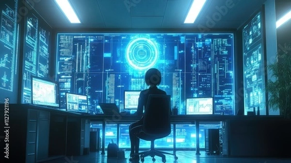 Fototapeta Futuristic Office Scene with Digital Interface and Asian Woman