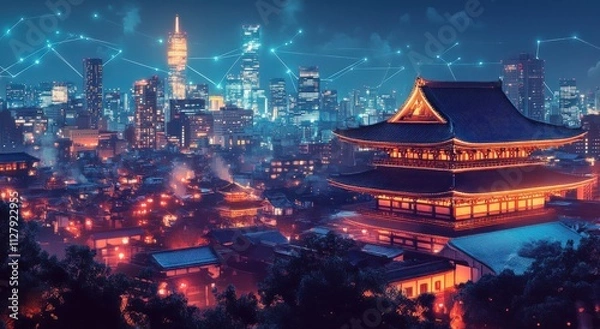 Fototapeta Enchanting Nightscape of a Traditional Temple Overlooking a Futuristic City with Glowing Lights and Digital Connections in a Vibrant Urban Landscape