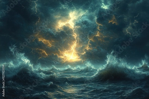 Fototapeta Dramatic Night Sea Landscape with Stormy Waves and Lightning