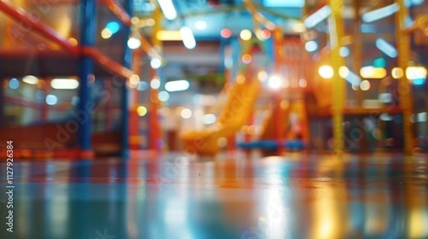 Fototapeta Faint sounds of laughter and excitement emanating from the blurred indoor playground.