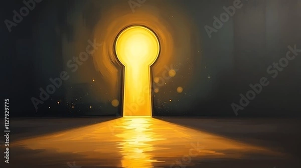 Fototapeta A glowing key suspended in a doorway, illuminating a dark room, symbolizing opportunity, unlocking potential, and new beginnings in a mysterious and hopeful atmosphere